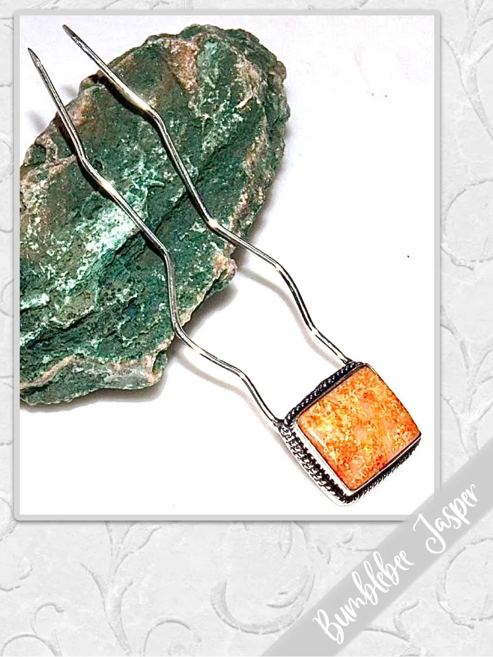 Bumblebee Jasper Large Eclectic Silver Artisan Hair Pin, 4” Orange, Gold/Yellow